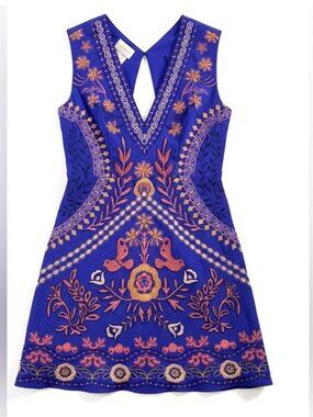 Foxiedox Embroidered Mini Dress Boho Floral Fit & Flare V-Neck